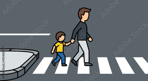 Man and child crossing street together.