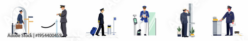 Set of flat vector illustrations featuring airline pilots in various airport scenarios, including travel, checking schedules, and using digital kiosks.