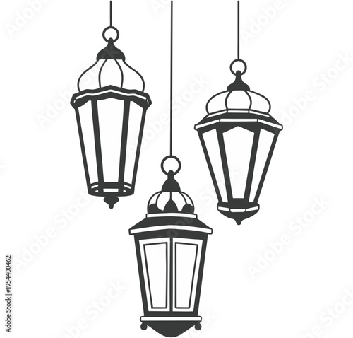 Arabic lantern silhouettes set, ornamental Ramadan lamp outlines for Islamic holidays, traditional fanoos vector collection for Eid Mubarak decor and middle eastern designs