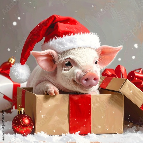 A piglet in a Santa hat emerges from a gift box surrounded by festive decorations