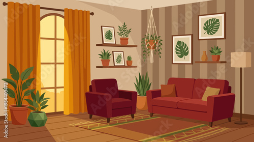 A cozy and inviting living room interior with red furniture, numerous potted plants, and warm natural light streaming through a large window.