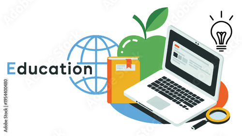 Flat design illustration representing modern virtual education and digital knowledge acquisition with symbols like a laptop, globe, books, and a lightbulb