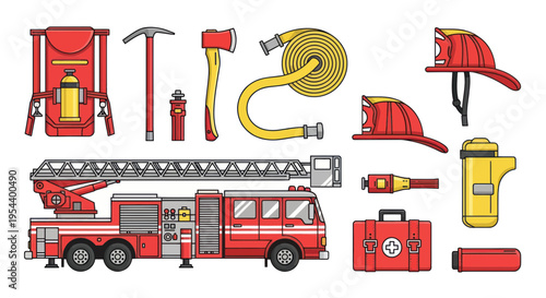 Firefighter Equipment and Fire Truck Illustration - Safety and Emergency Services