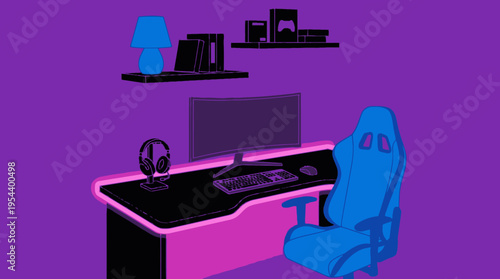 Vibrant purple and blue gaming setup with a glowing desk, monitor, ergonomic chair, and headphones, perfect for modern esports enthusiasts.