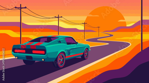 A teal vintage muscle car with red stripes drives on a winding road towards a vibrant orange sunset in a stylized desert landscape.