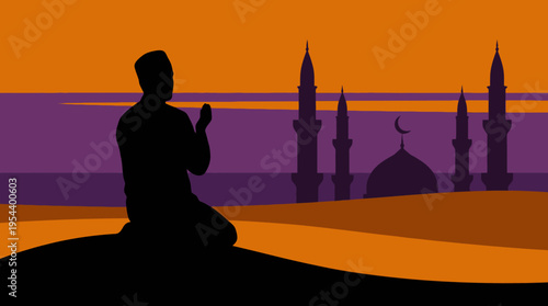 Silhouette of a person kneeling in prayer before a mosque at sunset, depicting a moment of spiritual devotion and tranquility.