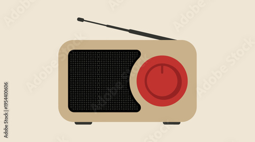 A flat illustration of a retro beige portable radio with a black speaker grille, a red power knob, and an extended antenna on a light background.
