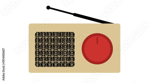 A simple flat design illustration of a vintage portable radio with an antenna and a red tuning knob.