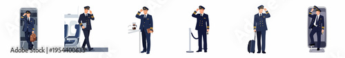 Set of Airline Pilot Character Illustrations in Various Professional Airport and Airplane Settings