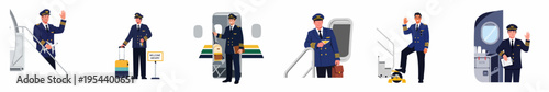 Set of diverse airline pilot illustrations in various airport and airplane scenarios, including boarding, waving, and holding luggage.
