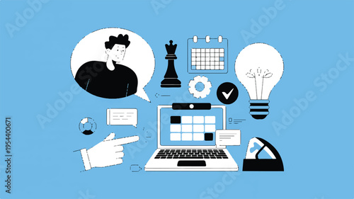 Modern flat design illustration of business strategy, planning, and communication workflow with a laptop, calendar, creative ideas, and efficient task management for digital productivity