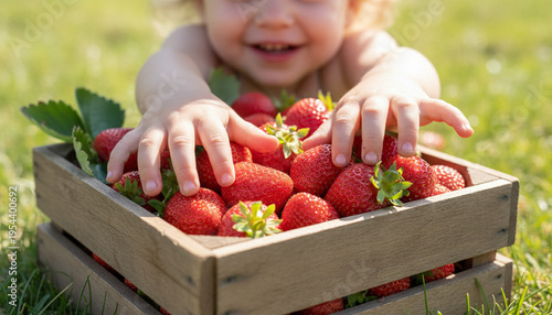 Child's Happy Hands Reaching for Fresh Ripe Strawberries from Wooden Box Outdoors, Healthy Kids Snack, Summer Fun
