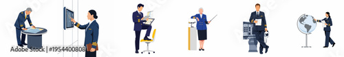 Collection of diverse airline pilots in uniform performing various professional duties, including flight planning, navigation, training, and simulation, in a flat illustration style.
