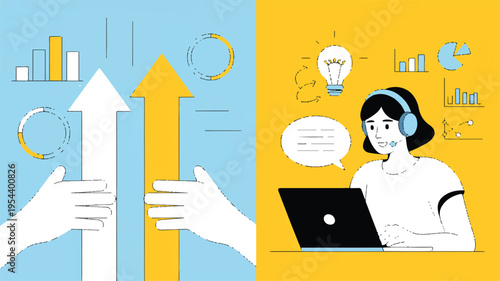 Flat minimalist illustration of business growth and customer service success with data analysis and bright ideas