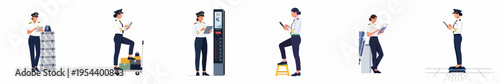 Set of female pilot characters performing various aviation logistics tasks like checking cargo, weighing luggage, and managing data on digital tablets.