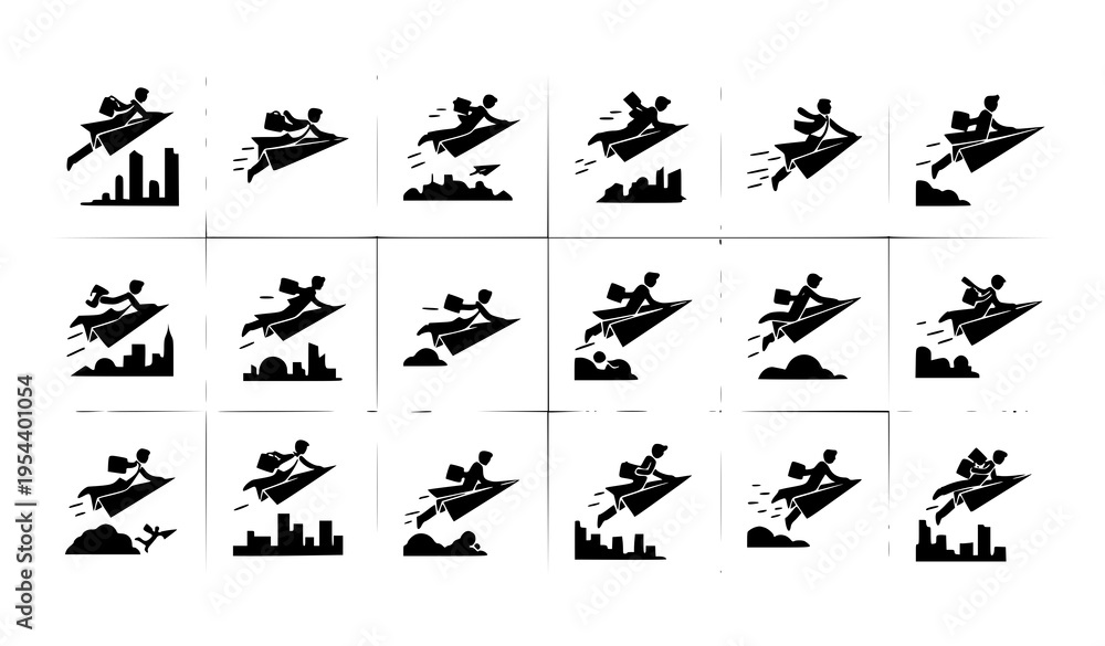 Fototapeta premium Businessman icon pack flying over abstract city and digital environment vector set