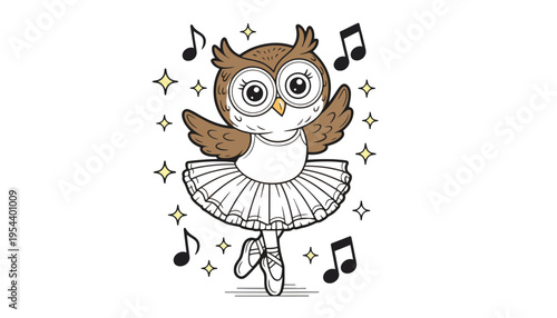 Owl vector illustration wearing a pink ballet tutu and dancing with music notes