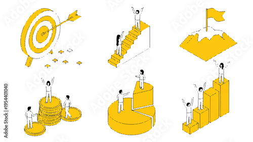 Isometric illustrations portraying business strategy, goal setting, and achievement, featuring diverse concepts of financial success, career progression, and collaborative teamwork towards objectives