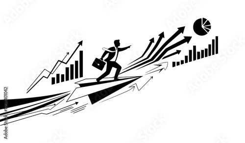 Businessman flying on paper airplane pitching ideas vector illustration for venture growth