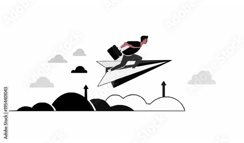Entrepreneur flying on paper airplane vector illustration overcoming obstacles