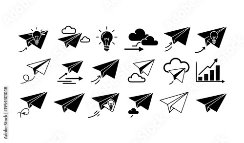 Paper airplane silhouettes representing flying ideas and creative thinking vector set