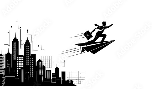 Businessman flying over abstract cityscape vector illustration for freedom and flexibility