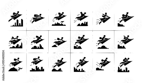 Businessman icon pack flying over abstract city and digital environment vector set