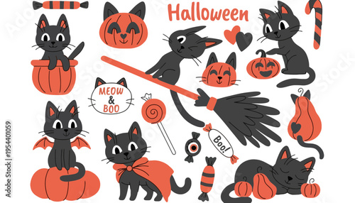 Halloween cat vector illustrations with pumpkins and candy