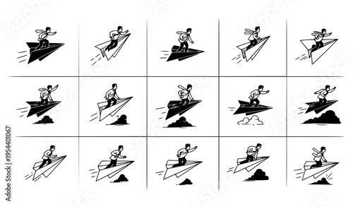 Hand-drawn businessman icon pack flying upward on paper airplane vector for growth