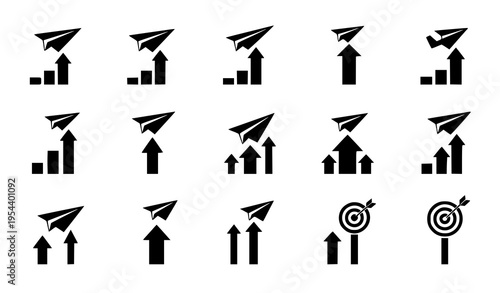 Paper airplane icon pack flying over steps and targets vector set for success