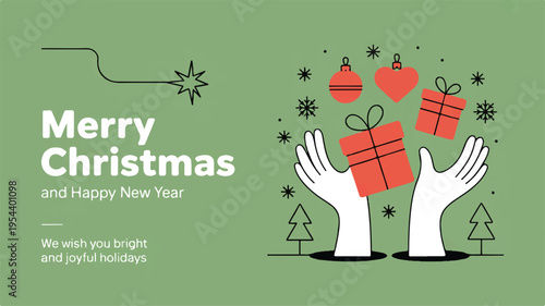 Minimalist Concept Illustration Depicting Hands Joyfully Presenting Christmas Gifts and Festive Ornaments, Symbolizing Holiday Cheer and Giving