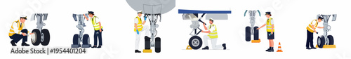 Set of illustrations depicting pilots and aircraft maintenance crew performing pre-flight inspections of landing gear wheels and components for aviation safety.