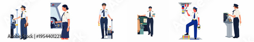Collection of flat vector illustrations featuring professional female airline pilots in various aviation-related roles, from cockpit operations to flight preparation.