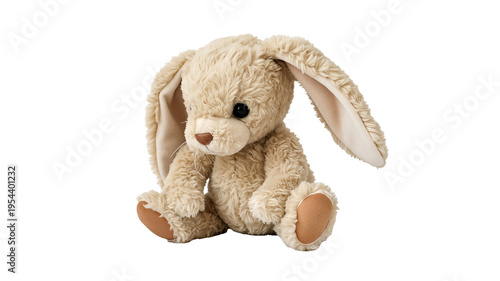 Furry beige stuffed rabbit toy sitting, isolated on a transparent background