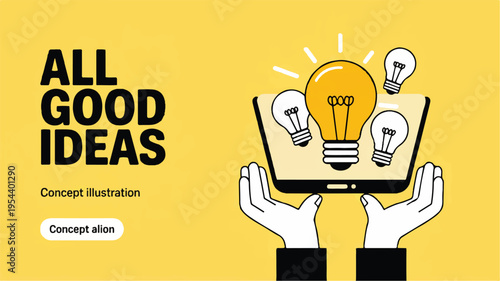 A minimalist digital illustration showcasing a brilliant lightbulb idea emerging from a tablet held by hands, symbolizing innovation and creativity