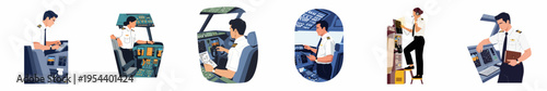 Set of flat illustrations featuring male and female pilots working in an airplane cockpit with various instruments and control panels.