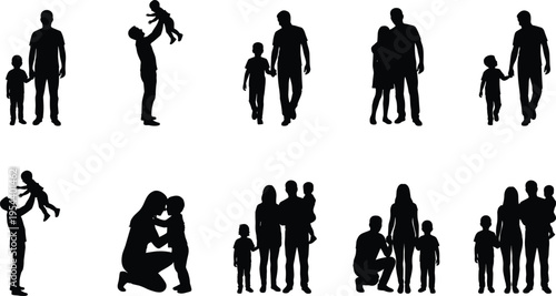 Father and Child Silhouette Collection with Parenting Moments, Family Love, Holding Hands, Lifting Baby and Happy Family Bond Concept