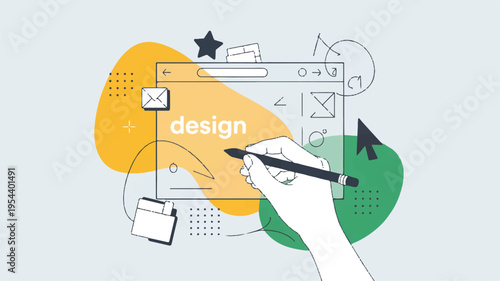 Digital illustration of a hand designing on a screen, surrounded by graphic elements, symbolizing creative web development and user interface design