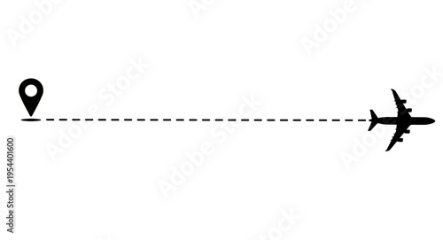 Airplane Horizontal Flight Path with Dotted Line and Location Pin Pointer - Travel Concept

