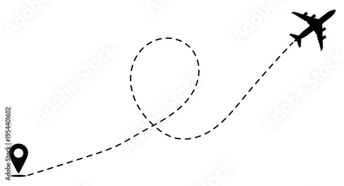 Airplane Flight Route with Dotted Line and Location Pin Pointer - Travel Path Concept
