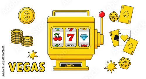 Golden Slot Machine with Dice, Cards, and Coins - Vegas Casino Fun