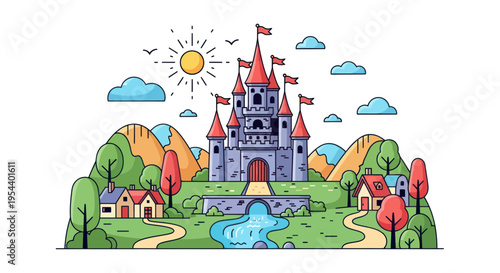 Fairytale Castle Landscape with Village, River, and Sunny Sky