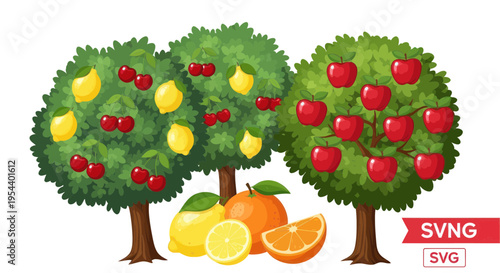 Fruit trees with apples, lemons, cherries and oranges, healthy food