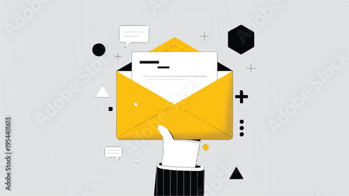 Modern digital illustration of a hand holding an open email envelope, representing online communication, marketing messages, and business notifications