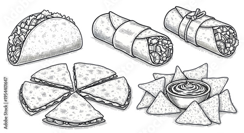 Mexican Food Illustration: Tacos, Burritos, Quesadillas, Nachos with Dip