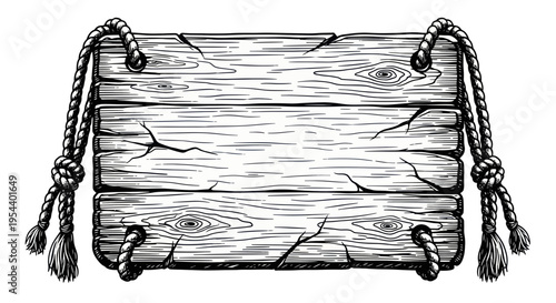 Rustic Wooden Signboard Hanging with Thick Rope, Vintage Style, Blank for Text