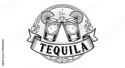 Tequila Toast Emblem with Lime Slices and Splashing Liquid