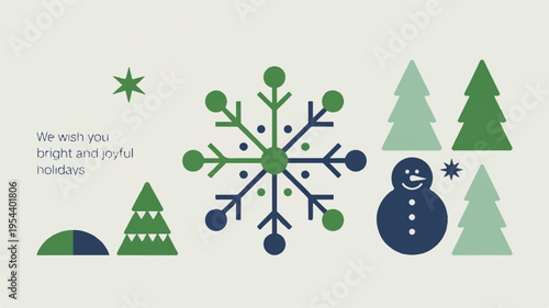 Minimalist Geometric Holiday Composition Featuring Snowflakes, Trees, and Snowman