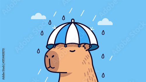 Capybara Wearing Blue Baseball Cap in Rain.