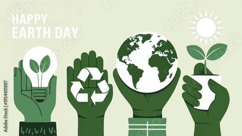 Minimalist Flat Design Illustration Featuring Hands Embracing Environmental Protection, Green Energy, and Global Sustainability Efforts